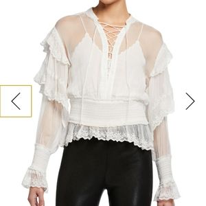IroTilos Sheer Lace-Up Ruffle Top